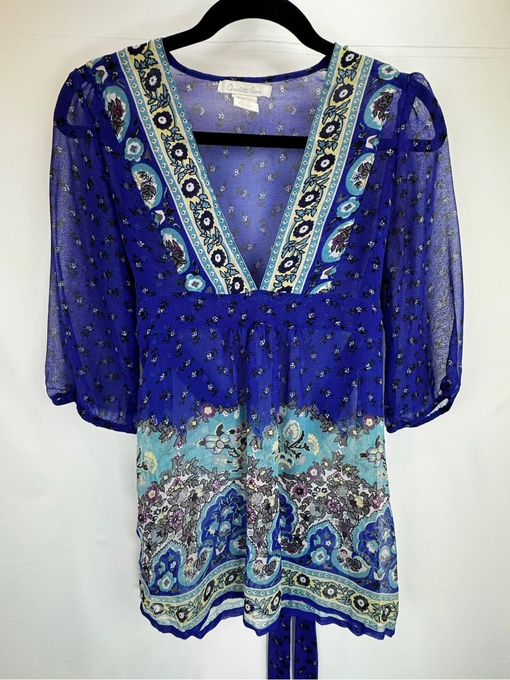 Vintage 2000s Charlotte Russe Royal Blue Floral V-Neck Tie-Front Tunic